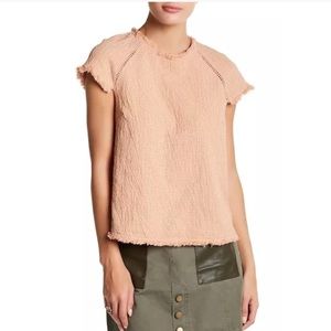 JOA Blush Pink  Textured Fringe Short Sleeve Shirt
